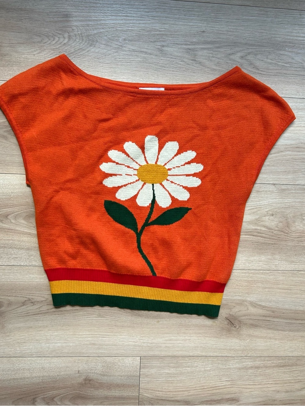Oxknit Orange Daisy Off-the-Shoulder Knit Sweater